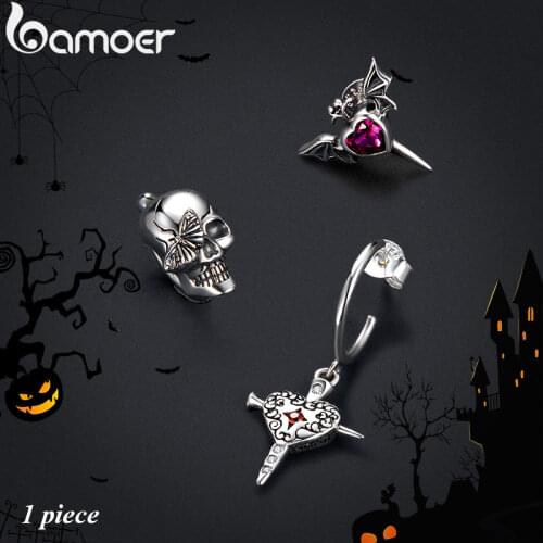 BAMOER 1 Piece 925 Sterling Silver Earring Skull Butterfly Clip Ear Devil Wings Love Sword Stud Earring Red Crystal SCE1178