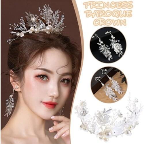 Bridal Wedding Headband Earring Set Beautiful Pearls Rhinestone Tiaras Crowns Decor Accessories for Prom Birthday Costume Party