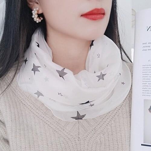 Korean Womens Five-Pointed Star Print Neck Neck Guard Silk Scarves Summer Thin Long Chiffon Beach Towel Sunscreen Shawl Bib P59