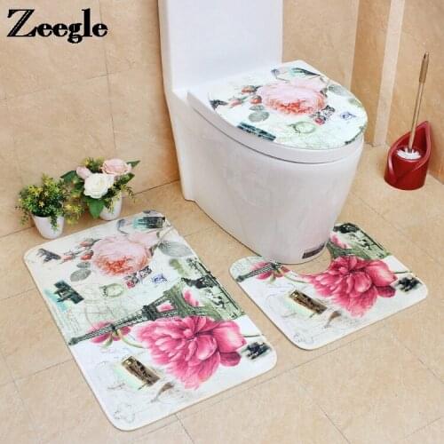 3D Printing Bathroom Carpet Rug Home Decortion Toinet Mat Set Absorbent Toilet Seat Cover Mat and Non-slip Floor Carpet Set