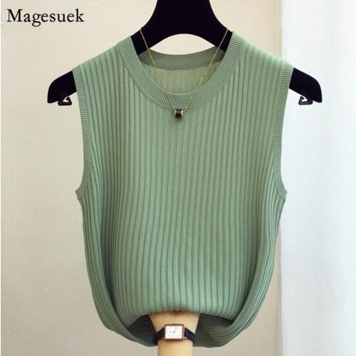 Summer Sleeveless Knitted Tank Tops Fashion Casual Female Vests Thin Ice Silk Women Tops O-neck Solid White Womens Tops 13687