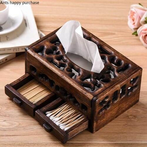 Solid Wood Multifunction Tissue Box Retro Living Room Coffee Table Desktop Tray Creative Household Hollow Napkin Storage Box