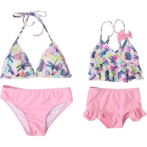 Fashion for Girl Bikini Lovely Family Swimming Wear Print Baby Girls Two Piece Swimsuit Flower Backles Mommy and Me Match Look