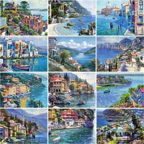 MomoArt 5D DIY Diamond Embroidery Town Hobbies And Crafts Diamond Painting Seaside Landscape Cross Stitch Kit Home Decor Gift
