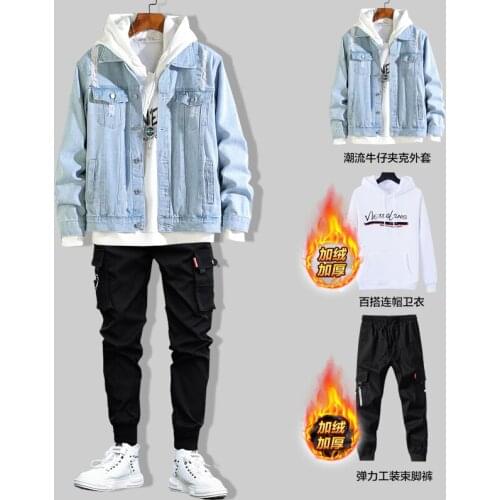 Autumn Winter Mens Jeans Jacket Plush Lining Hoodie Sweatpants Three Pieces Set Casual M7