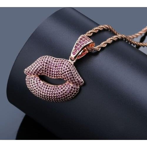 Purple Cubic Zirconia Paved Bling Iced Out Sexy Red Lips Pendants Necklace for Men Hip Hop Fashion Rapper Jewelry Gifts