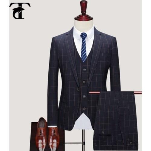 One-button Grid 3 Pieces Men Suit Casual Korean New Fashion Formal Costume homme Blue Plus Size Slim Fit Wedding suits Vest Set