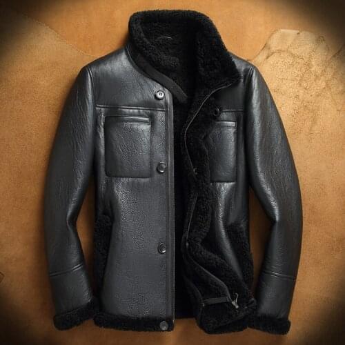 2018 New Fashion Black Mens Shearling Leather Jacket B3 Jacket Original Flying Jacket