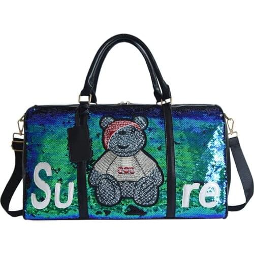 New Arrival Fashion Shiny Bear Sequin Gym Duffle Bag Large Leather Yoga Travel Bag with Adjustable Shoulder Strap