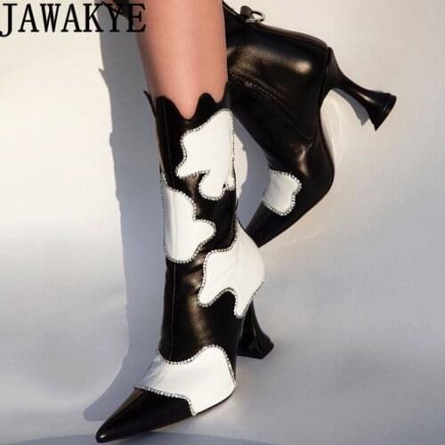 New Fashion Week Mid-calf Boots Black walternating White Pointy toe Slim High Heel Chelsea Boots High-quality Luxury botas mujer