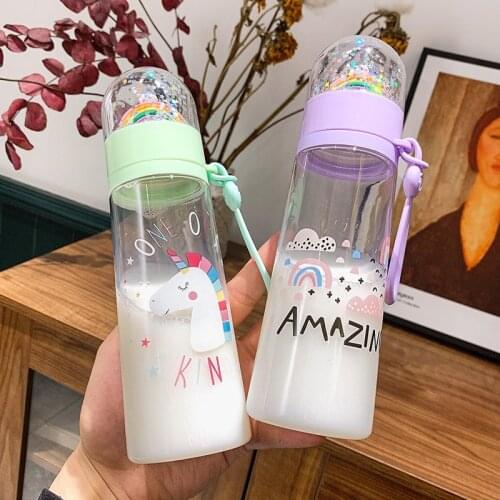 Cute unicorn cartoon rainbow color plastic water bottle fun design creative girl children’s favorite water cup gift drop-proof