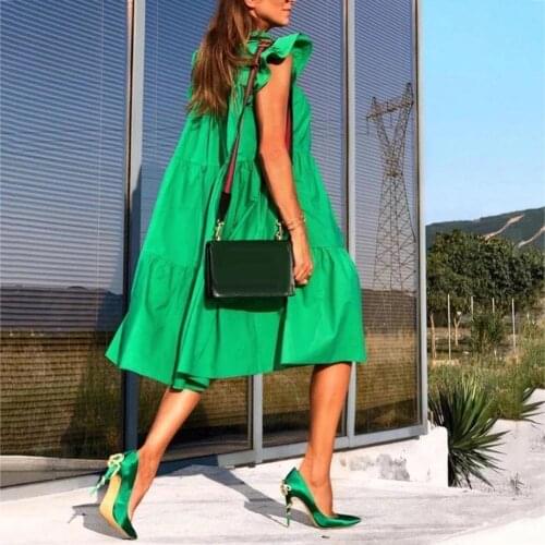 Women Dress 2021 Summer Loose Solid O Neck Ruffled Short Sleeve Large Hem A Line Midi Dresses Ladies Elegant Party Midi Dress