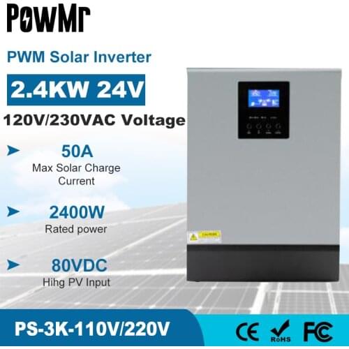 PowMr 3KVA 2400W Solar Inverter 24V 220V Hybrid Inverter Pure Sine Wave Built-in 50A PWM Solar Charge Controller Battery Charger