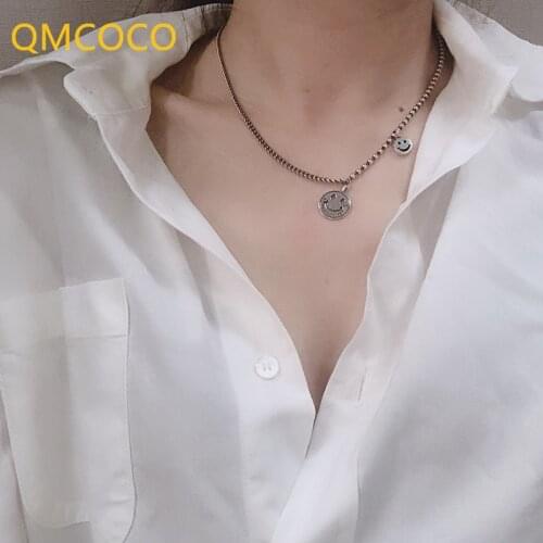 QMCOCO 925 Silver Smile Face Necklace INS Fashion Vintage Punk Clavicle NecklaceParty Jewelry Gift For Women