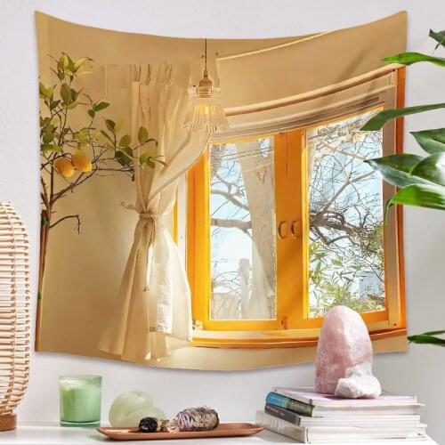 Romantic Window with Curtain Tapestry Sea View Scenery Wall Hanging Decor Home Dorm Tapiz