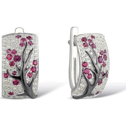 Hainon Luxury Branch Silver Color Earrings Small Hoop Earrings for Women Red Green Blue Cubic Zircon Flower Earrings Gifts