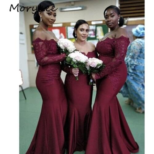 V-Neck Long Sleeves Floor Length Sweep Train Silk Satin Lace Wedding Party Bridemaid Dresses Zipper Back