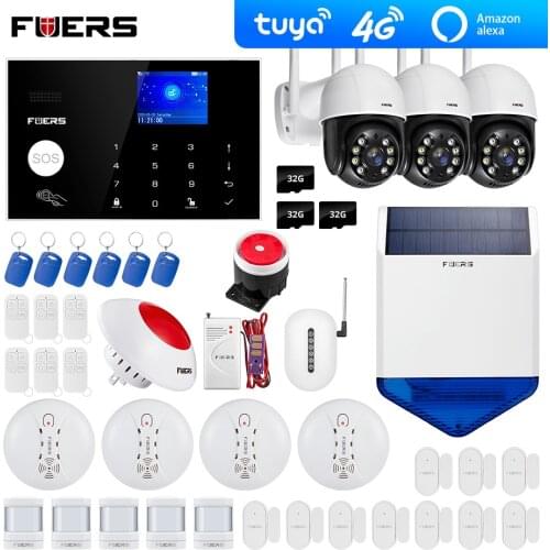 Tuya 4G Wifi GSM Alarm System 2MP Outdoor Camera Solar Siren Touch Keypad Smart Home Burglar Alarm System Security Smoke Sensor
