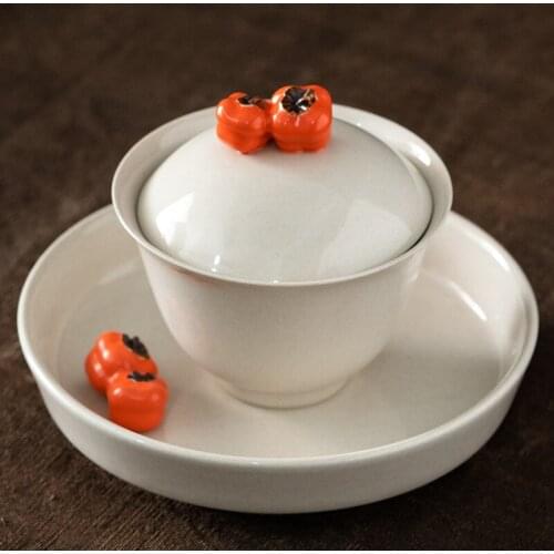 Traditional Chinese Style Best Wishes Fruit Persimmon Shape Tea Water Cup Gift Home Decorations Ceramics With Plate Tray