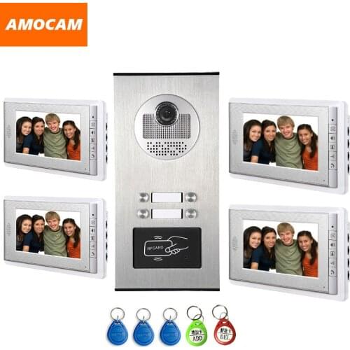 4 Units Apartment intercom system Video Door Phone Door Intercom Aluminum Alloy Camera 7" Monitor video Doorbell 5-RFID Card