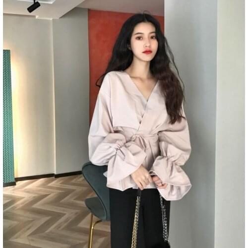 Womens Spring Autumn Style Blouse Shirt Womens Elegant Lace Up Bow V-neck Temperament Casual Korean Tops DD8466