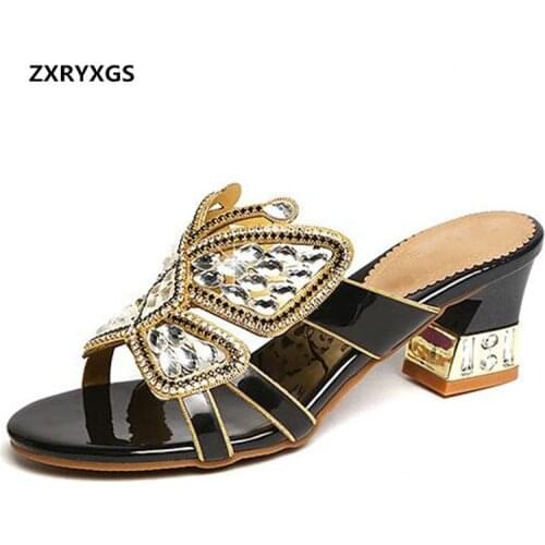 2019 New Open Toe Summer Rhinestone Shoes Women Sandals Slippers Thick Heel real Leather Shoes Fashion Sandals shoes size 33-41