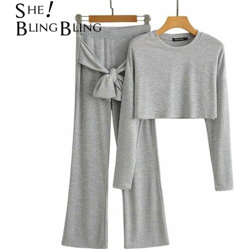 SheBlingBling Za Woman Summer Autumn Casual Knit Suit Cropped Tees and Ankle Length Flare Pants 2 Piece Sets Female Jumpers 2021