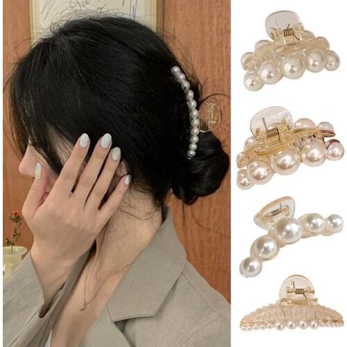 Women Girls Faux Pearl Hair Claw Jaw Clamp Luxurious Jewelry Banana Clips Non Slip Ponytail Holder Barrette Styling Tool