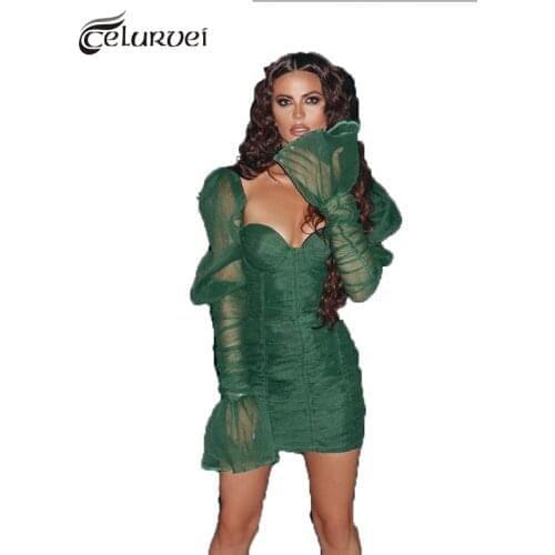 Top Quality Celebrity Green Long Mesh Sleeve Rayon Bandage Dress Evening Party Dress