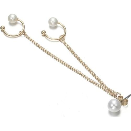 1Pc Faux Pearl Double Chain Earring Clip Long Tassel Ear Cuff Clip Women Jewelry