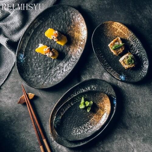 1PC RELMHSYU Japanese Style Ceramic Retro Oval Fish Rice Large Flate Dinner Plate Kitchen Tray Household Tableware