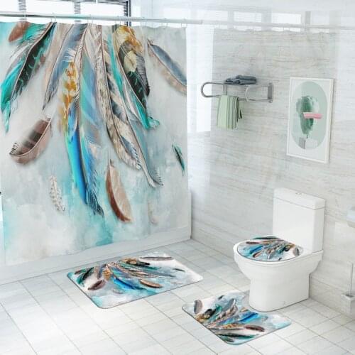 4PCS Dreamcatcher Pattern Printed Shower Curtain Sets Feather Bath Mats Anti-Slip Bathroom Mat Set Rugs Carpets for Home Toilet