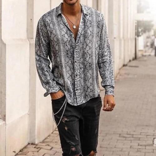 50% Hot Sales!!! Men Shirt Long Sleeve Breathable Polyester Snake Print Blouse for Men