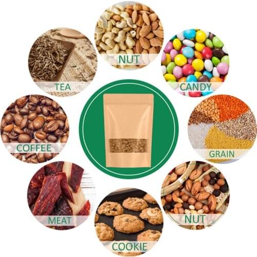 50pcs Kraft Paper Bags Zip Lock Brown With Window Stand Up Pouchs Tea Coffee Bean Candy Wedding Packaging Food Storage Home use