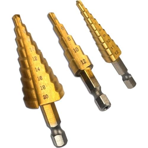 6.35mm Steel Titanium Step Drill Bit 4-12mm 4-20mm Hex Shank Step Drills Metal Drill Bit Cutter Dint Tool for Woodworking Wood