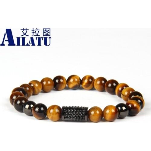 Ailatu Powerful Jewelry Wholesale 8mm A Grade Tiger Eye Stone with Exquisite Micro Paved Black Cz Rectangle Tube Beaded Bracelet
