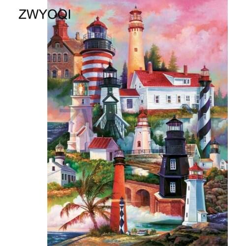 5D DIY Diamond embroidery sea Full Square Diamond mosaic Castle lighthouse Full Round Diamond painting Cross stitch coconut tree