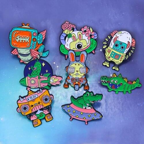 Alien Robot Brooches UFO Flying saucer Animal Robot Crocodile Rabbit Fish Cosmic Adventure Badges Jewelry for Women Wholesale