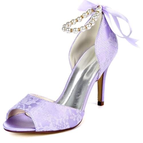 Elegant lace evening dress shoes open toe with pearl ankle strap bridal wedding prom party heels D'orsay pumps lavender ivory