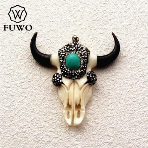 FUWO Carved Bone Steer Skull Pendant Fashion Ox Bone With Turquoises Charm For DIY Jewelry Necklace Making Supplies PD1537