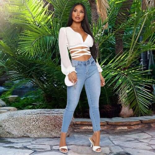 2021 Summer New Products Ladies Puff Sleeve Chiffon Stitching Solid Color Big V-Neck Long-Sleeved See-Through Top T-Shirt