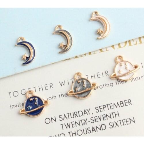 Wholesale 100pcs Enamel Alloy Charms Gold Tone Plated Oil Drop Kawaii Moon Star Saturn Pendants Earring Ornament Necklace Charm