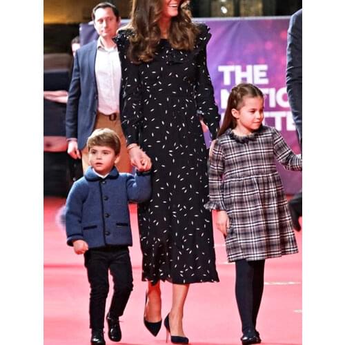 Kate Middleton Fashion New Womens Spring Autumn High Quality Elegant Party Cascading Ruffle Round Neck Print Black Midi Dress
