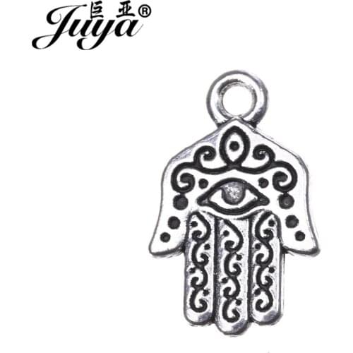 JUYA Ancient Carved Evil Eyes Charms Pendant for Bracelet Handmade 20.5x13mm 10pcs/lot Hamsa Hands Alloy Pendants AO0577