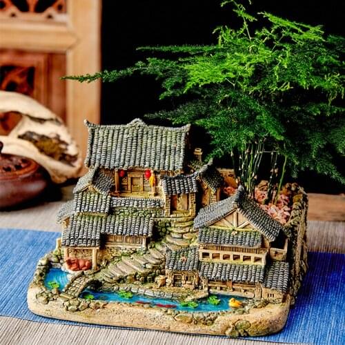 Chinese Countryside Old Building Design Bonsai Retro Potted Plants Pot For Home Living Room Hotel Tea House Indoor Decoration