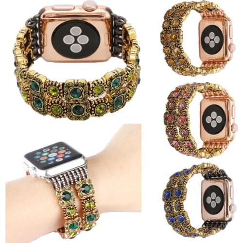 Retro Glitter Stretch Wristband for Apple Watch Series 3 2 1 Strap Womens Vintage Gemstone Bracelet for iWatch 42mm 38mm Band