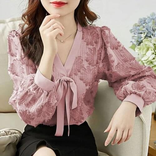 Korean Office Shirts Ladies Fashion Spring Summer Shirt Simple Bow Tie V Neck Black Pink Blouse Women Long Sleeve Chiffon Tops