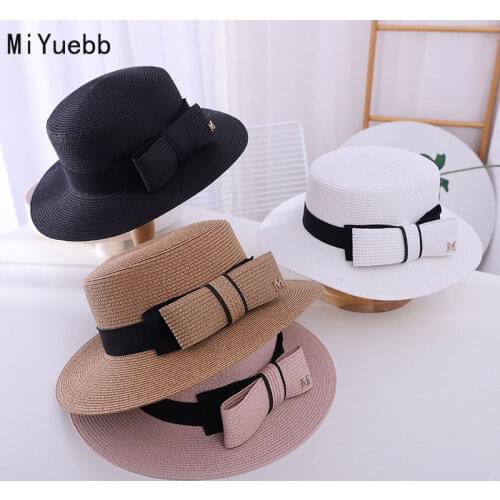 Block sun adult Girl female summer hat retro bow princess curling straw dome flat roof beach Travel hat 3MZ7