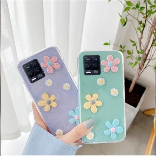 3D Daisy Flowers Clear WristStrap Phone Case For Oppo realme 8 Pro XT X2 F17 x7 Pro 7i C17 Soft Silicone Protection Back Cover