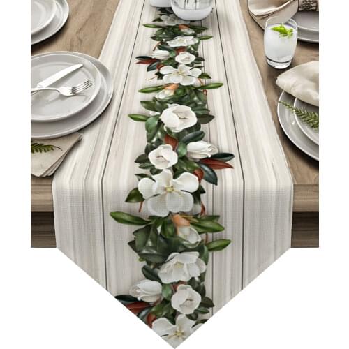 Wood Grain Magnolia Plant Flowers Modern Table Runner Wedding For Party Event Home Decoration Table Cover Mat Decor Accessories